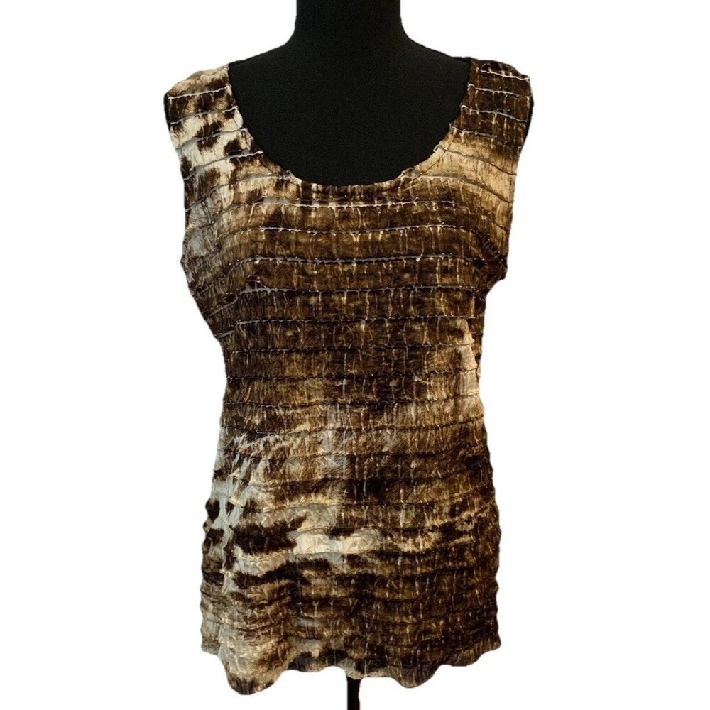 Chicos Size 2 Womens Large Top Brown Tie Dye Ruffle Tank Stretch